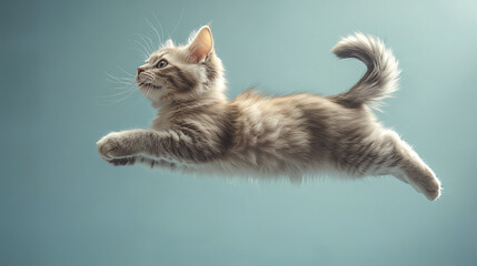 Obraz premium playful grey cat leaping high, its fur rippling in air