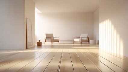 Fototapeta premium Minimalist Living Room With Wooden Floor And Two Armchairs