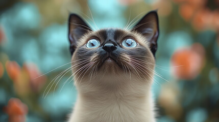 Siamese cat gazing upwards with bright blue eyes, surrounded by colorful flowers