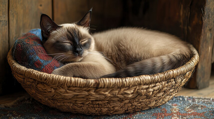 Siamese cat curled elegantly in round wicker basket, looking peaceful