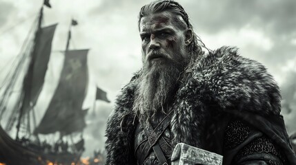 Viking raider from the 10th century in furlined armor with a battle axe on a Viking longship