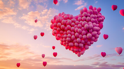 large heart shape composed of red balloons floating in the sky at dawn.