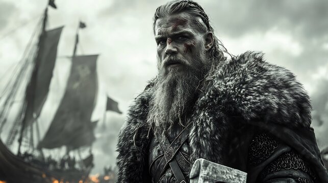 Viking raider from the 10th century in furlined armor with a battle axe on a Viking longship