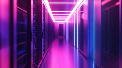 Servers data center room with bright bokeh light going through the corridor 3D rendering