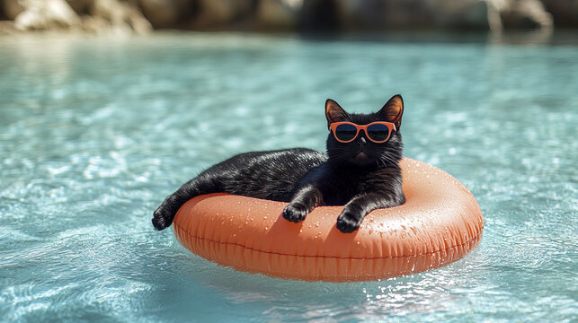 sleek black cat lounging on orange float in pool, enjoying sun