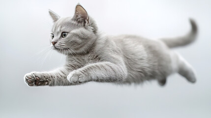 sleek grey cat leaps gracefully through air, showcasing agility