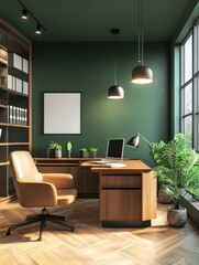 Fototapeta premium Bright office interior with desk, chair, and bookcase. Design and workplace concept. 3D Rendering