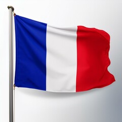 France&rsquo;s iconic tricolor flag proudly displays its symbolic colors of blue, white, and red on a metallic pole.