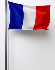 Fototapeta premium The French flag waves gracefully, showcasing its blue, white, and red stripes against a neutral backdrop.