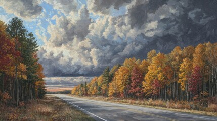 Obraz premium Scenic autumn landscape with vibrant foliage and clouds.