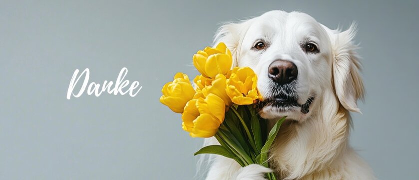 Dankbarer Goldener Retriever mit Tulpenstrau&szlig;  Fr&uuml;hlingsfoto f&uuml;r Dankeskarten