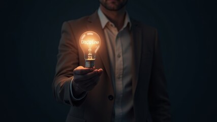a man holds light bulbs in front of him in a dark room with discipline written on them