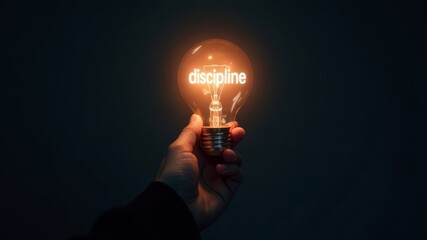 hand holding a light bulb in a dark room with discipline written on it
