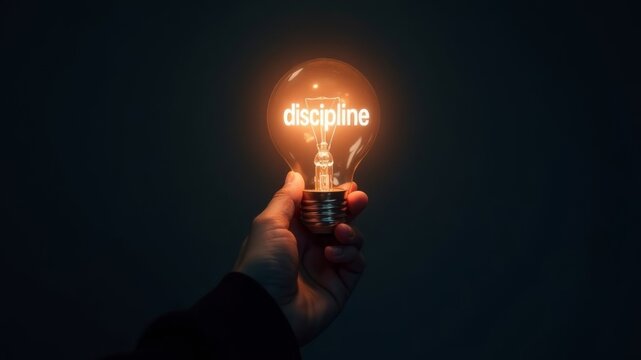 hand holding a light bulb in a dark room with discipline written on it
