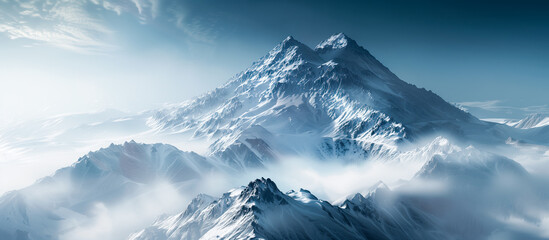 Mauntain glacier panoramic snow top panoramic view with blue cloudy sky