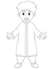 New Delhi, India, the child wears a traditional Indian outfit, such as a kurta and pants (for boys) or a simple sari (for girls) .  traditional Indian outfit boy coloring page for kids . boy coloring 
