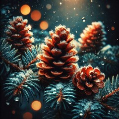 Fototapeta premium Pine branches and pine cones with rain drops