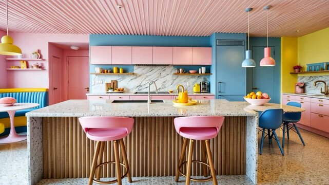 Video footage of vibrant kitchen with pastel colors, featuring a large island with pink stools, colorful cabinets, and pendant lights, creating a playful and modern atmosphere