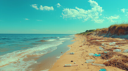 Polluted beach with plastic waste and ocean waves under blue sky and clouds in summer