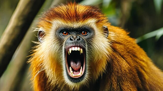 Aggressive Golden Monkey Screaming in a Tropical Forest Close-Up.