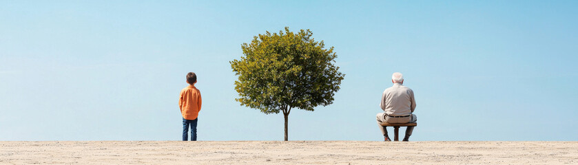 Obraz premium young boy and elderly man sit apart, gazing at solitary tree under clear blue sky, evoking sense of connection and reflection