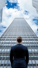 Fototapeta premium Businessman looking up at a modern skyscraper in the financial district