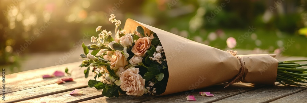 Poster beautiful bouquet wrapped in kraft paper on wooden table in a sunlit garden with plenty of greenery.