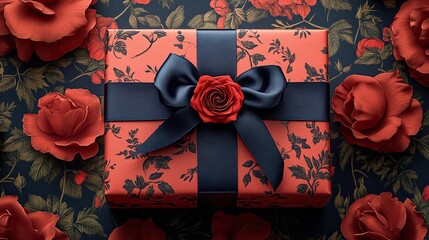 Elegant gift box wrapped in floral paper with blue ribbon and red rose for valentine's day or special occasion