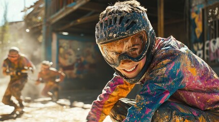 Paintball Kid Smiling, Action Shot, Colorful Paint Splatter, Helmet, Goggles, Fun, Adventure, Extreme Sport, Urban Setting