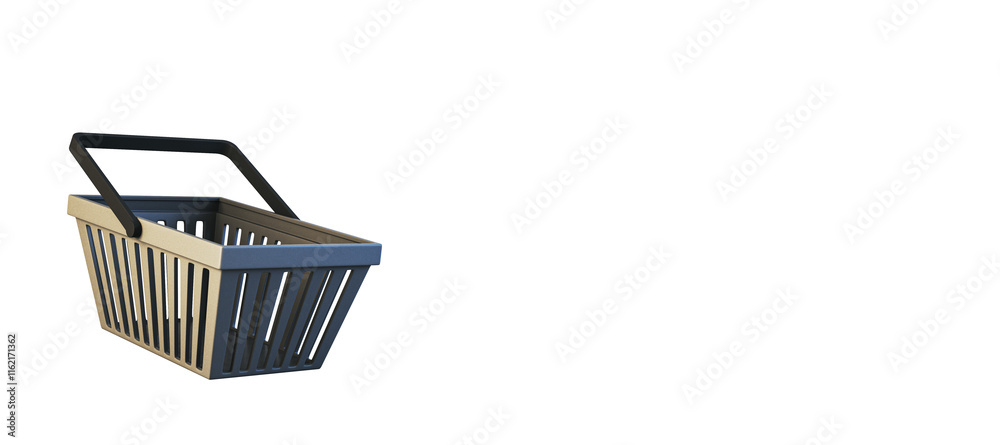 Poster A shopping basket with a handle, displayed on a white background, perfect for design or layout elements, highlighting retail concepts. 3D Rendering.