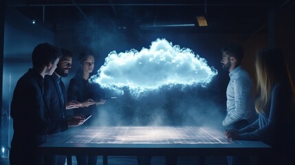 business team with cloud computing hologram