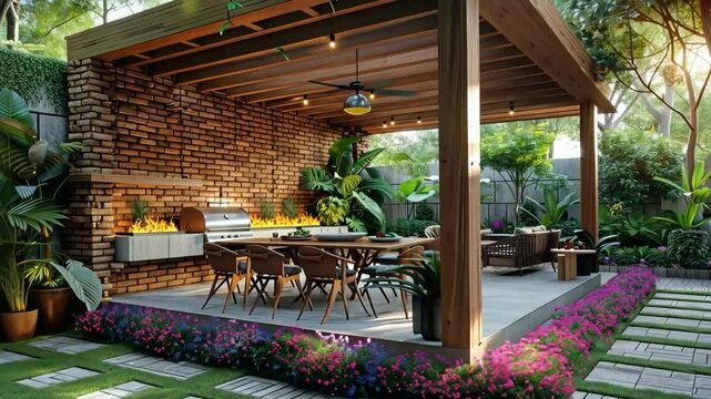 Outdoor cooking area with wooden gazebo and greenery for summer gatherings