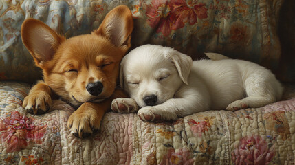 Fototapeta premium charming scene of brown Corgi and white Labrador sleeping peacefully