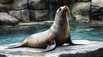 Fototapeta premium Sea lion relaxing on rock by water zoo wildlife photography