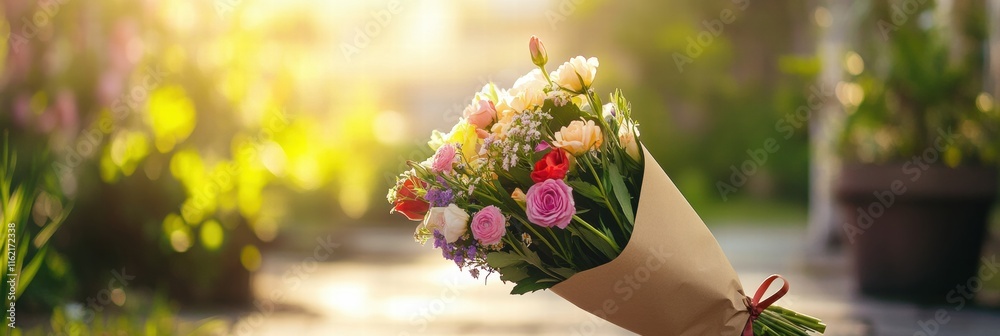 Poster colorful flower bouquet wrapped in kraft paper with sunlit background and space for text. generative