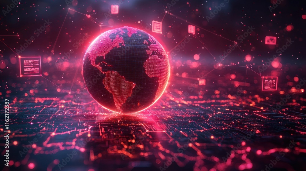Poster digital globe with network connections and data visuals.