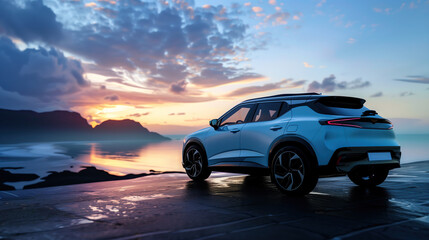 new SUV, blue color with black details and white, the car is parked on an open road overlooking sea