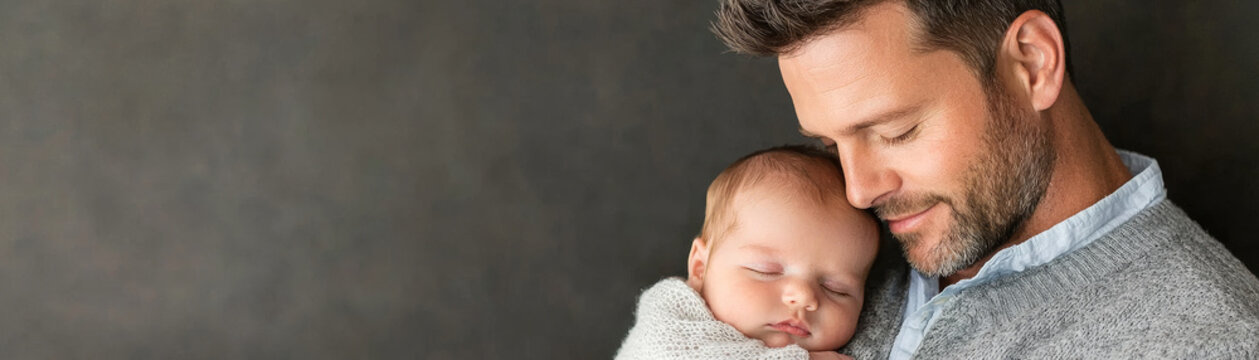 Tender fatherhood moment with dad holding sleeping baby close