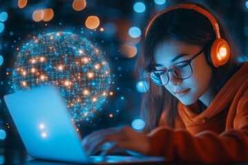 A college student taking an online mental IQ test, with a glowing timer and logical patterns on the screen