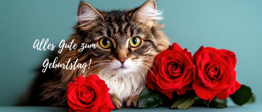 Geburtstagskarte mit s&uuml;&szlig;er Katze und roten Rosen  Gl&uuml;ckw&uuml;nsche zum Geburtstag
