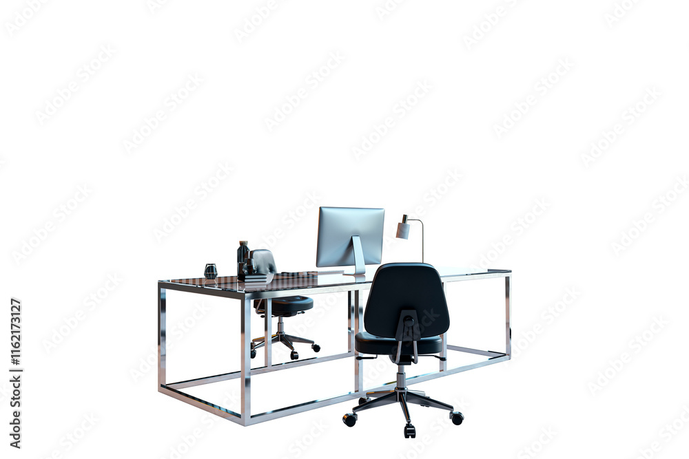 Aufkleber office desk with chairs, computer, and accessories, minimalistic design on a white isolated backgrou