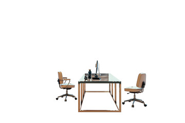 Minimalist office desk with two chairs, computer monitor, books, and decor elements on a white background, concept of workplace design. 3D Rendering.