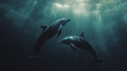Naklejka premium Dolphins swimming gracefully underwater marine life ocean deep