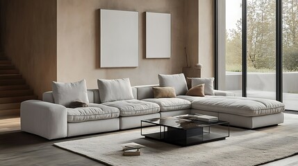 Modern sectional sofa in a minimalist living room with large windows, neutral colors, and blank canvases.