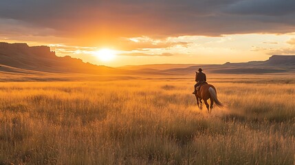 Fototapeta premium Rider on horseback at sunset open field landscape photography