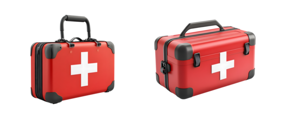 set of Red First Aid Kit with White Cross isolated on transparent background, cut out