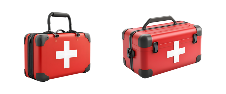 set of Red First Aid Kit with White Cross isolated on transparent background, cut out