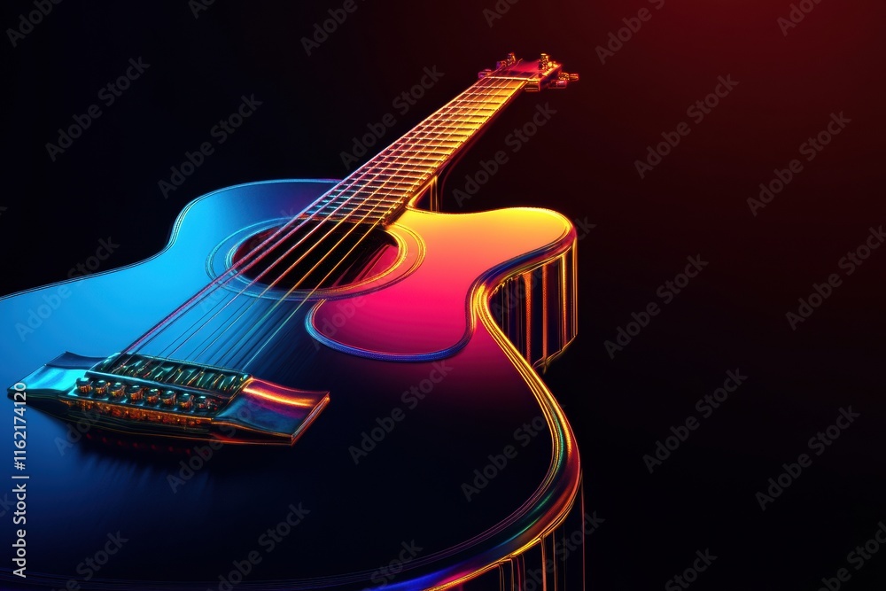Poster 3d rendering of an acoustic guitar showcasing vibrant colors and intricate designs in a dark setting