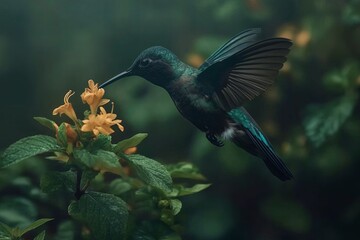 Fototapeta premium A hummingbird in mid-flight, sipping nectar from a vibrant flower