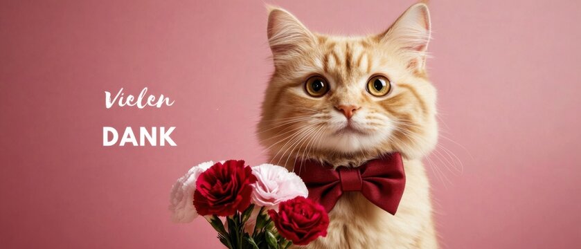Dankesch&ouml;n Katze mit roter Schleife und Blumenstrau&szlig;  Stockfoto